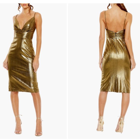 IEENA FOR MAC DUGGAL bronze shimmer metallic faux wrap cocktail dress - Picture 10 of 10